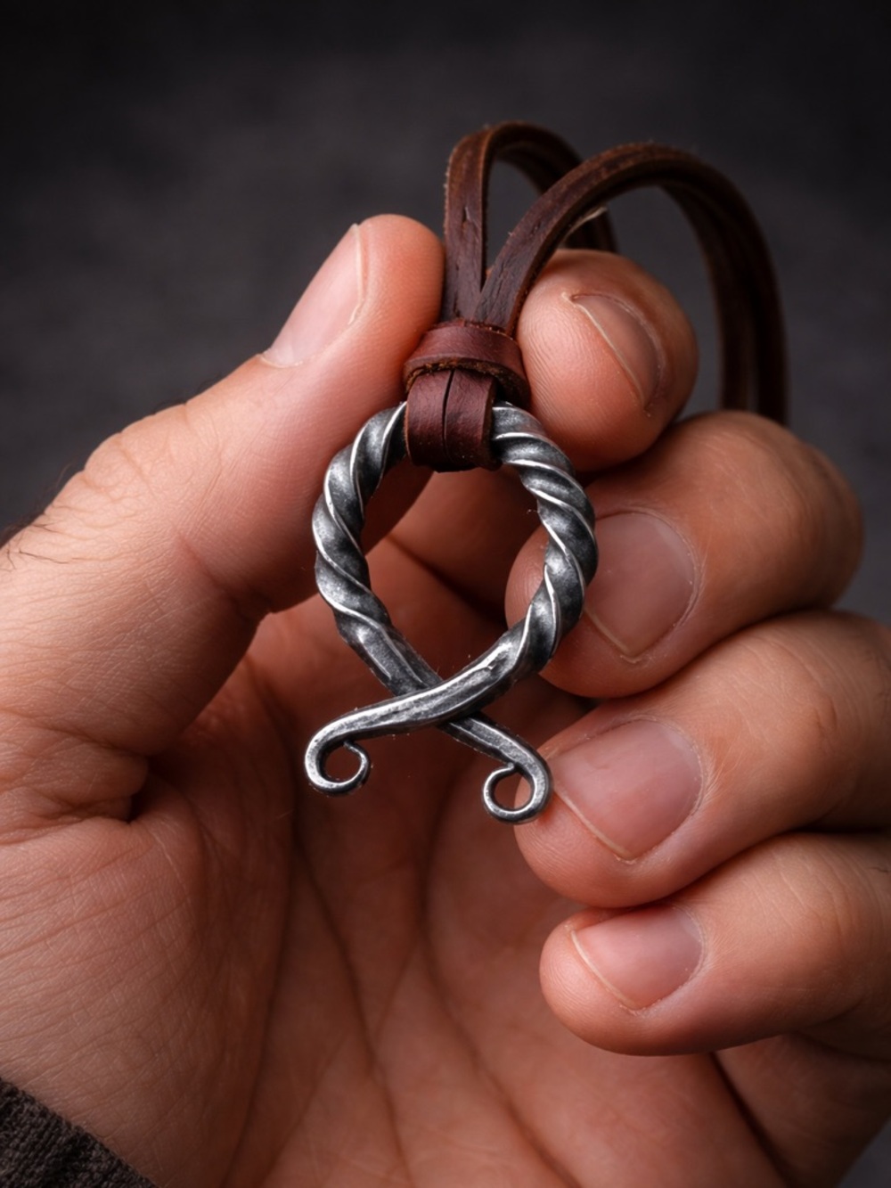 Viking necklace Twisted Metal Loop Pendant on Brown Leather Cord